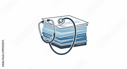 Stethoscope draped over stack of blue medical journals or books
