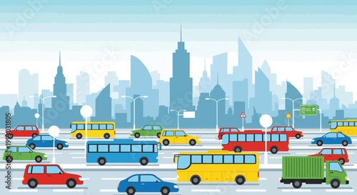 Busy city traffic jam with cars, buses, and trucks against a skyline background.