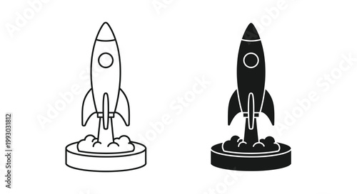 A minimalist depiction showcases two black and white rocket ship icons launching from circular platforms high quality professional