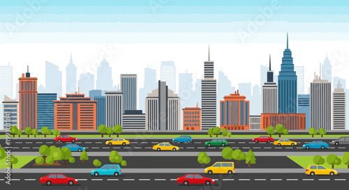 Busy City Traffic Panorama with Skyscrapers and Cars on Highway
