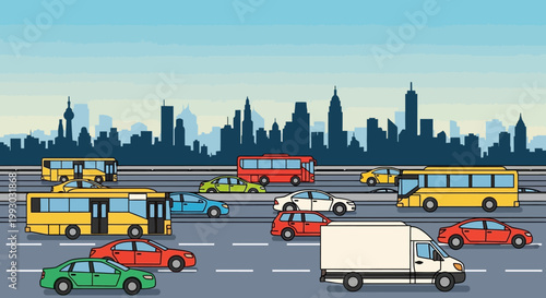 Busy city traffic with cars, buses, and trucks on a highway with skyline background