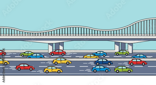 Busy highway traffic jam under a modern bridge, colourful cars on multiple lanes