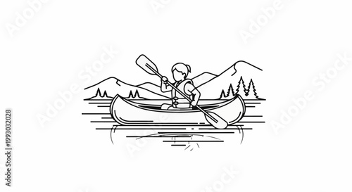 Person paddles canoe on calm water with mountains and trees in background