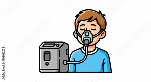 Cartoon child uses oxygen machine with mask and tubing connected