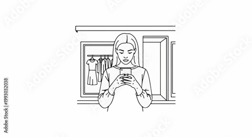 Person looks at phone in front of a closet with clothes