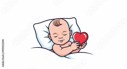 Adorable baby sleeps soundly holding a red heart