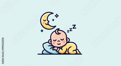Adorable baby sleeping peacefully under a smiling crescent moon and stars