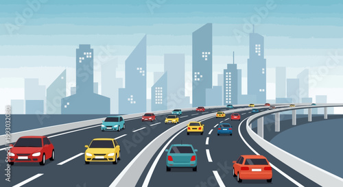 Busy highway traffic with cars and city skyline in background, urban transportation concept