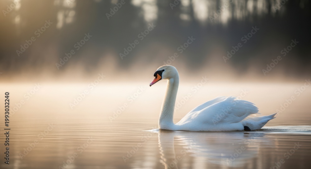 Fototapeta premium A serene swan glides across a peaceful lake at sunrise