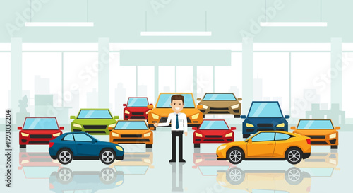 Car Dealership Salesman Presents Diverse Car Collection in Showroom