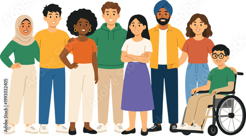 Diverse people group with wheelchair inclusion flat vector illustration.