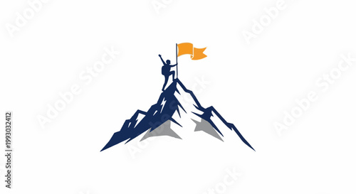 Climber on mountain peak plants flag, silhouette, success, achievement, triumph