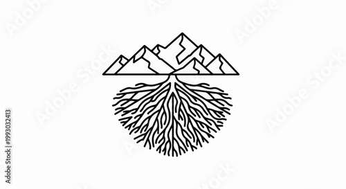 Abstract outline of jagged mountains above a dense network of branching roots