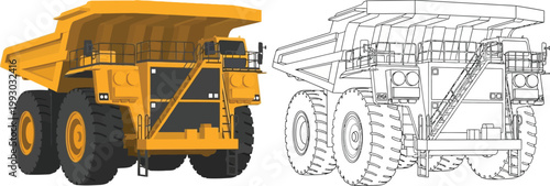Yellow mining dump truck and blueprint outline heavy construction vehicle for industry and transport isolated on white