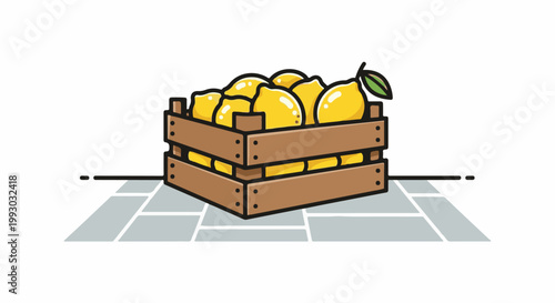 A wooden crate overflowing with bright yellow lemons sits on a tiled surface