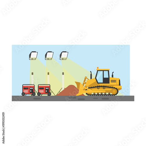 A yellow bulldozer works on a pile of dirt at a construction site illuminated by three large floodlights powered by two red portable generators.