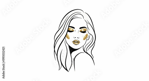 Minimalist line art portrait of a woman with striking gold makeup