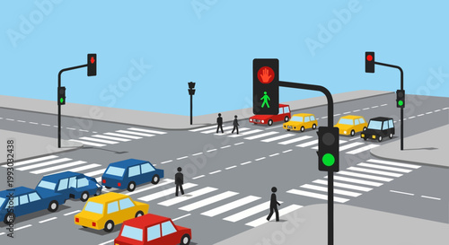 Busy city intersection with traffic lights, cars, and pedestrians at crosswalks