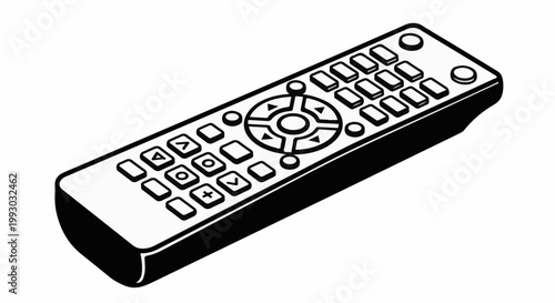 Black and white illustration of a remote control with multiple buttons
