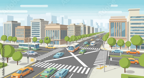 Busy City Street Intersection with Cars, Buses, and Pedestrian Crossings