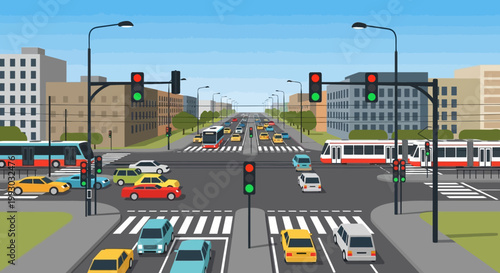 Busy City Intersection with Traffic Lights, Cars, Buses, and Tram