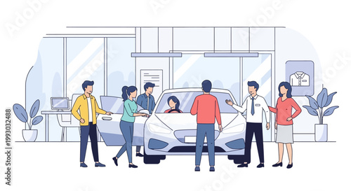 Car Dealership Scene: Customers Inspecting New Vehicle with Salesperson
