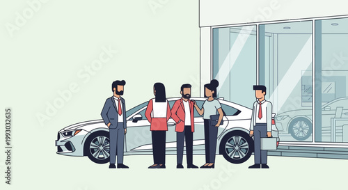Car Dealership Showroom: Diverse Group of People Inspecting New Car