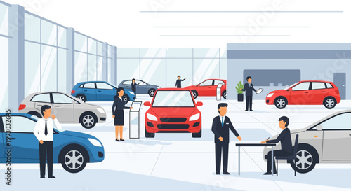 Car Dealership Showroom with Customers and Salespeople