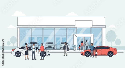 Car Dealership Showroom with Customers Buying New Vehicle and Salespeople Assisting