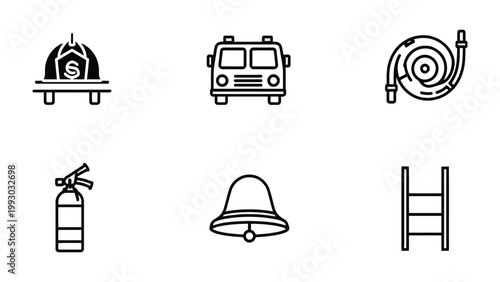 Essential Firefighting Elements: A collection of simple, black and white illustrations of vital firefighting tools, showcasing the equipment and symbols crucial to emergency response.
