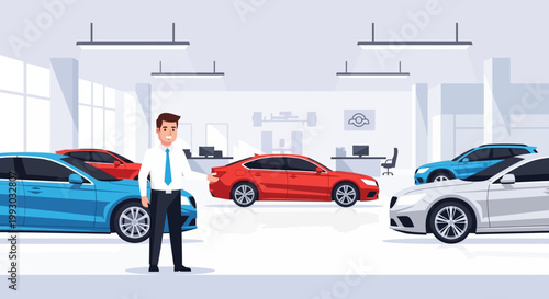 Car Dealership Showroom with Salesman and New Cars - Illustration