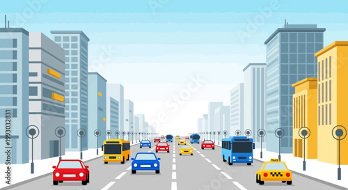 Busy City Street with Cars, Buses, and Tall Buildings
