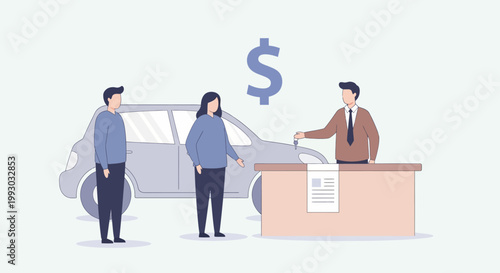 Car Dealership Transaction: Couple Buys New Car from Salesman with Dollar Sign
