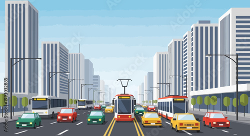 Busy City Street with Cars, Buses, and Tram in Traffic