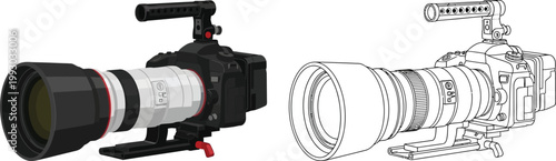 Professional cinema camera rig with lens and handle isolated on white background for film production and videography