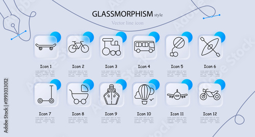 Transport vehicle set icon. Skateboard, bicycle, toy train, city bus, traffic sign, kayak paddle, electric scooter, baby stroller, cruise ship, hot air balloon, airplane, motorcycle