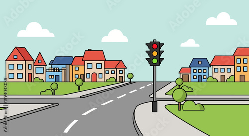 Cartoon street intersection with traffic light and houses, city illustration