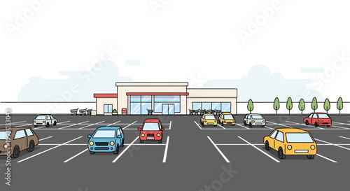 Cartoon Parking Lot with Cars and Store Building