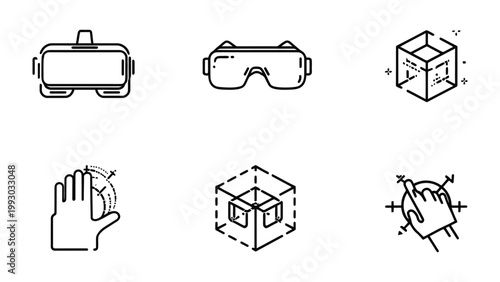 VR Tech Icons: A collection of sleek, monochromatic icons representing various elements of virtual reality technology. show the essence of digital experience.