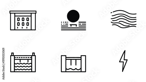 Water Power Icons: A set of six meticulously crafted line icons representing the essence of water power, featuring diverse visuals such as dam structures, hydroelectric elements, the sun.