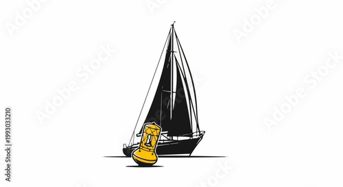 Black sailboat with a yellow buoy in the foreground