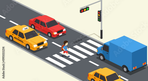 Child crossing road at zebra crossing with cars and traffic lights