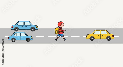 Child crossing road with backpack, cars on street, traffic safety concept