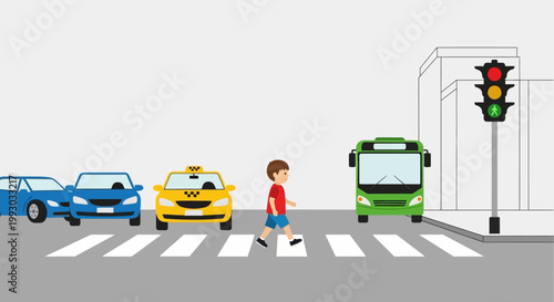 Child crossing street at crosswalk with cars and traffic light