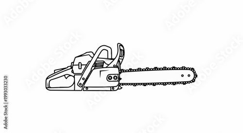 Detailed line art illustration of a modern gasoline-powered chainsaw
