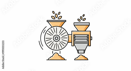 Industrial machine processes grains into flour, creating piles of product