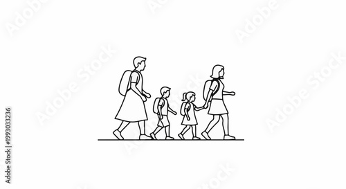 Family of four with backpacks walking together