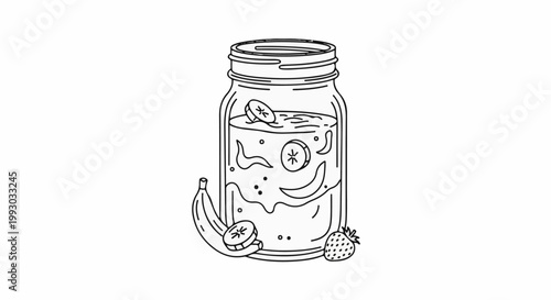 Hand-drawn outline of a smoothie in a mason jar with fruit