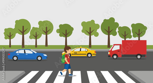 Child crossing street at crosswalk with cars and trees, safety concept