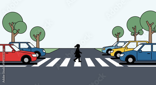 Child crossing street at crosswalk with cars waiting, safety concept